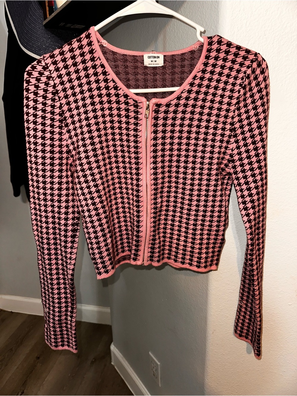 Cotton On Pink & Black Houndstooth Zip Cardigan